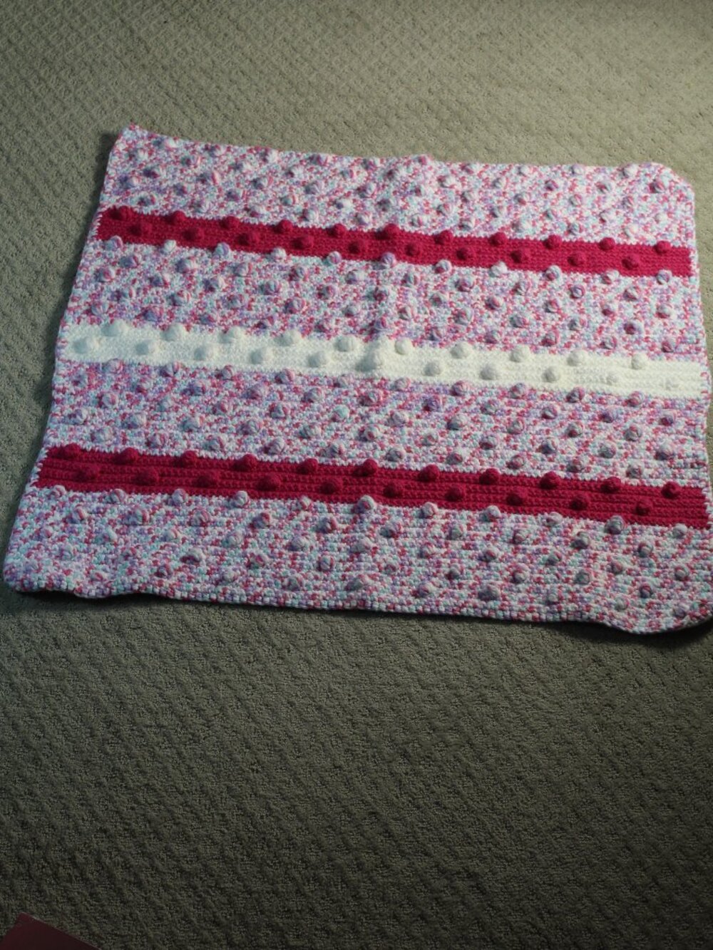 Handmade Vibrant Pink White Multicolored Crocheted Baby Blanket 30"x32"